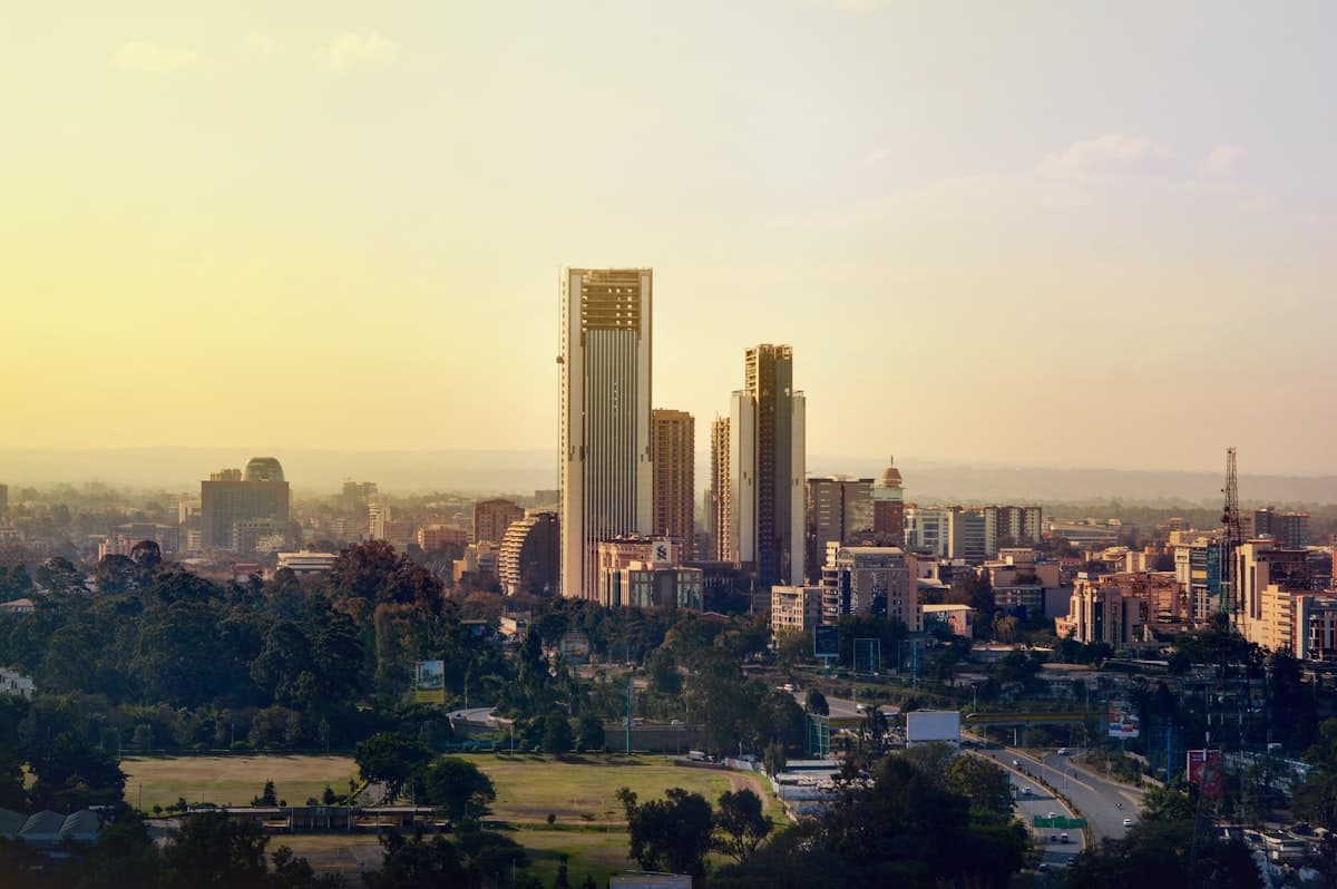 Kampala city skyline at sunset, Uganda